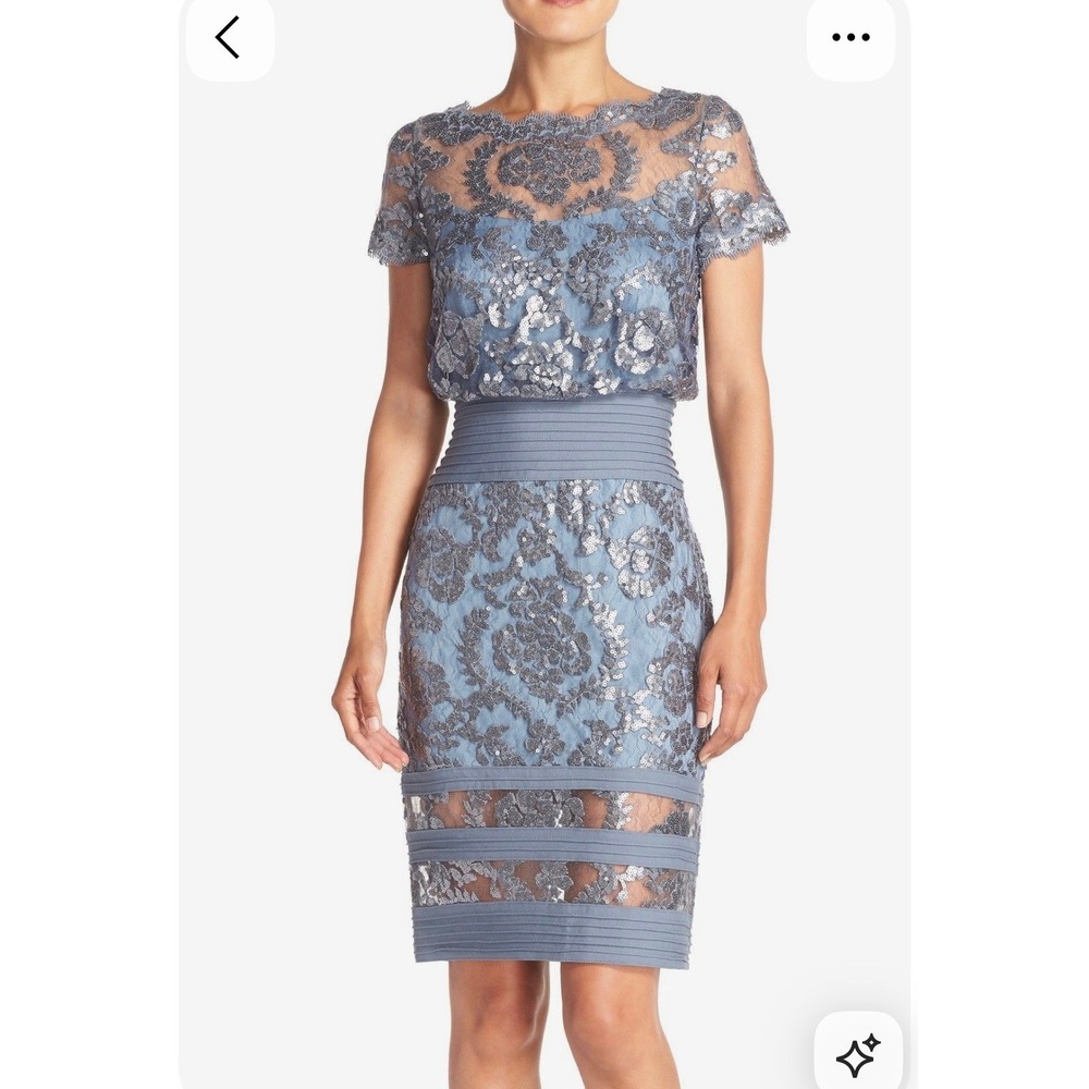 Tadashi Shoji Slate Blue Sequin Lace Pintuck Cocktail Sheath Dress 10 ALT1545MXZ